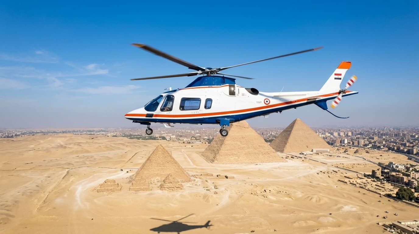 Helicopter flying with the Pyramids in view